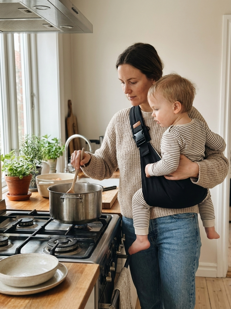 Mother cooking with toddler on hip in Soveli Carrier