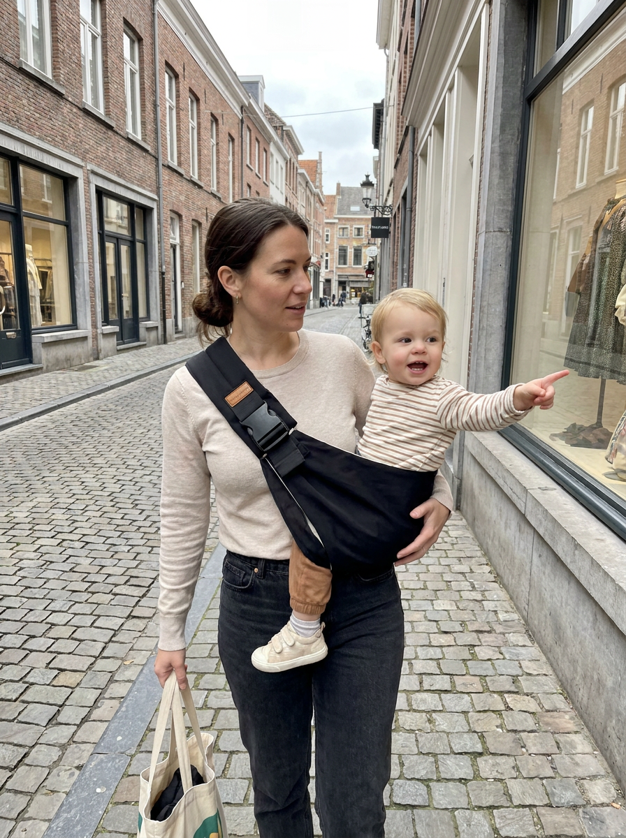 Mother walking through town with toddler in Soveli Carrier