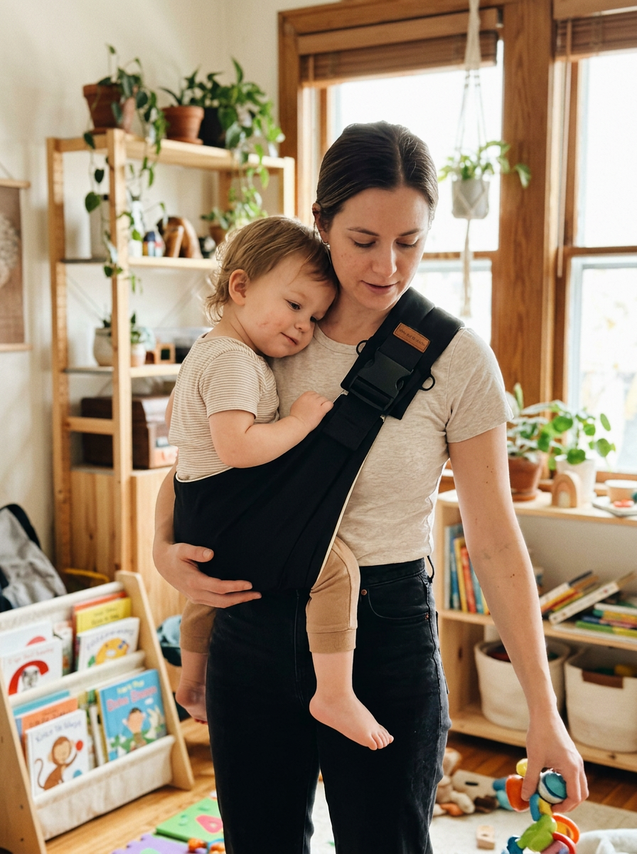 Toddler resting on mother's hip at home in Soveli Carrier